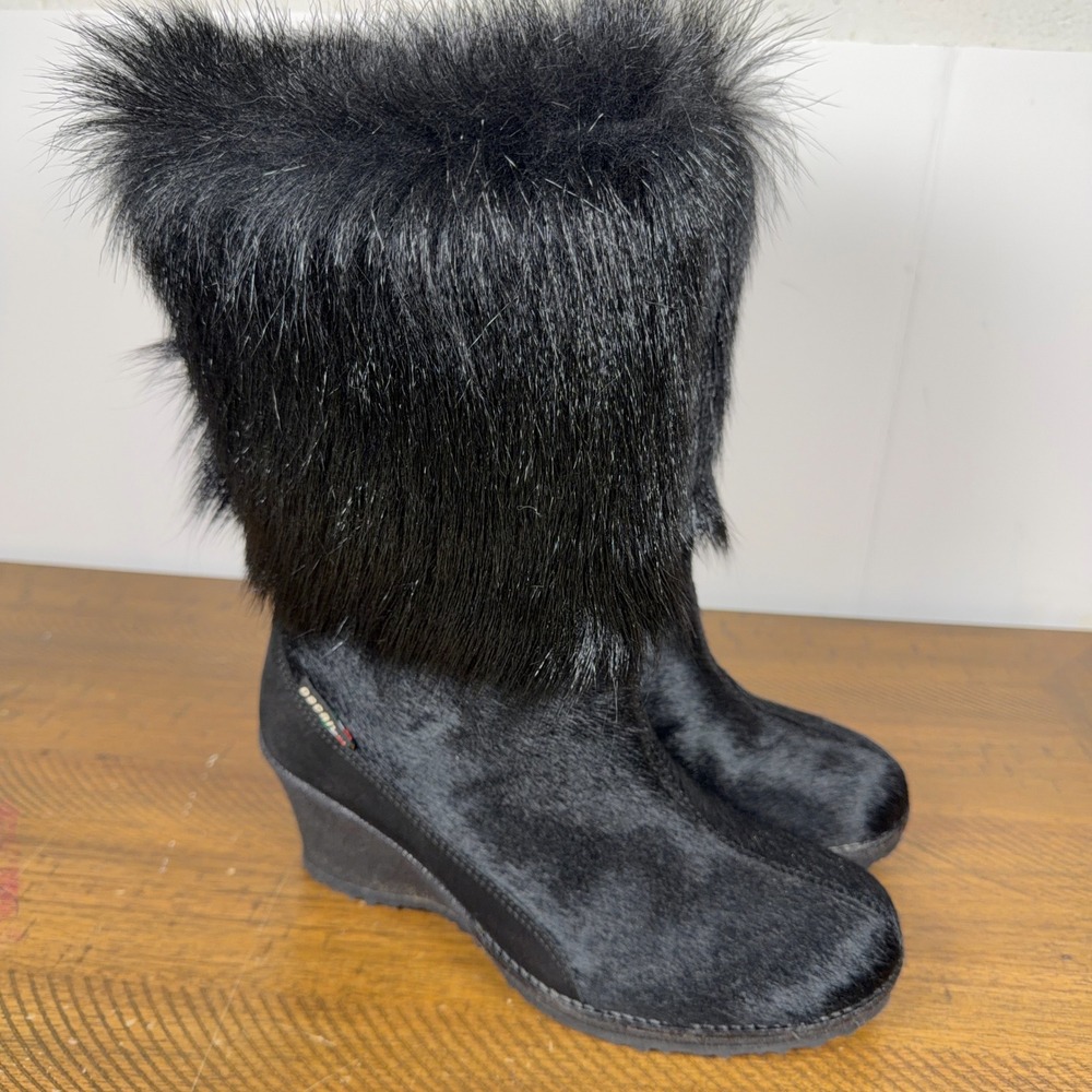 Oscar Sport Boots Womens 39 Black Faux Fur Calf Hair Wedge Winter Snow Italy Y2K